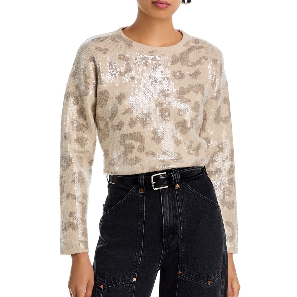 NEW NWT Bloomingdales Aqua Sequin Leopard Print Beige Sweater medium